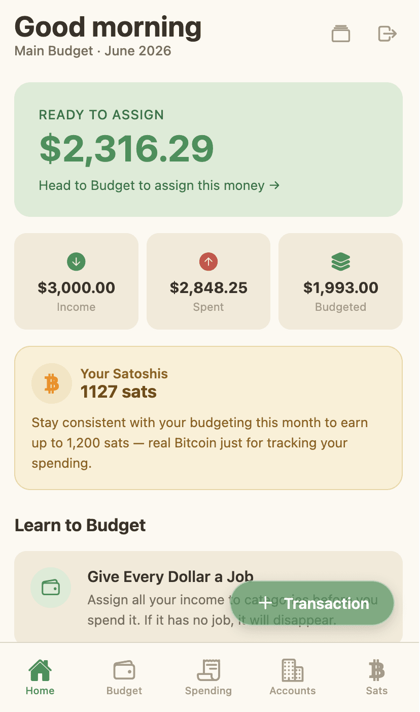 The Frugi Home screen showing Ready to Assign, income versus spending, and Satoshis earned.